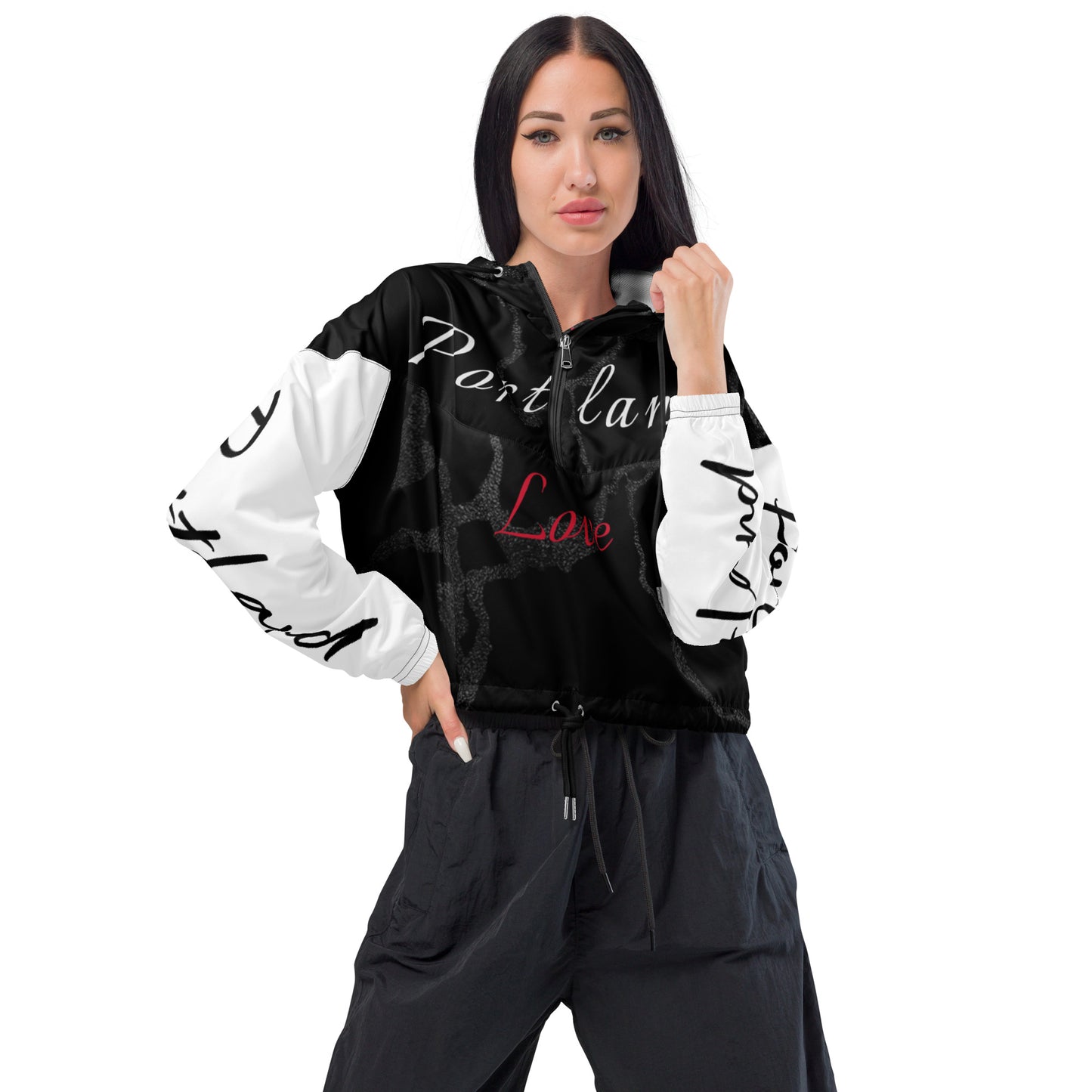 Portland Love Black Marble Women’s Cropped Windbreaker image 7