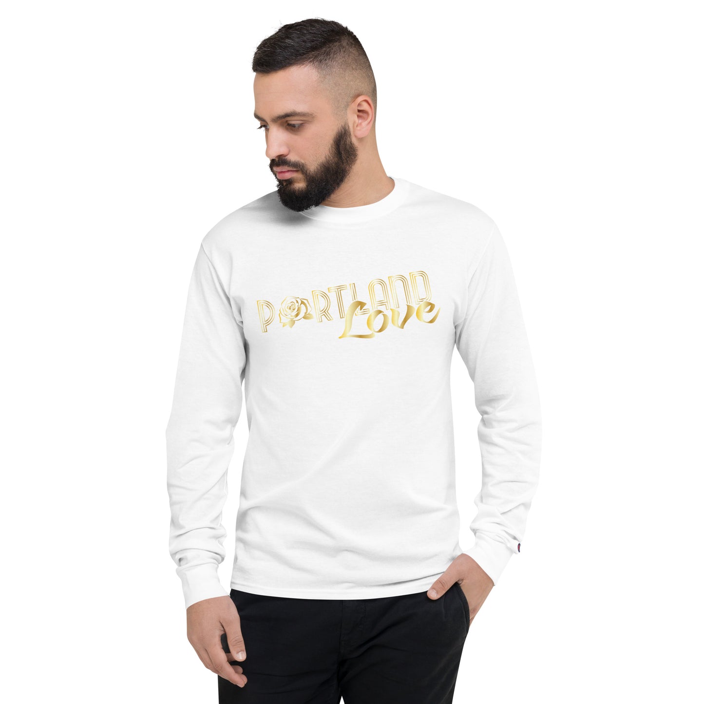Portland Love Gold Print Men's Champion Long Sleeve Shirt image 5