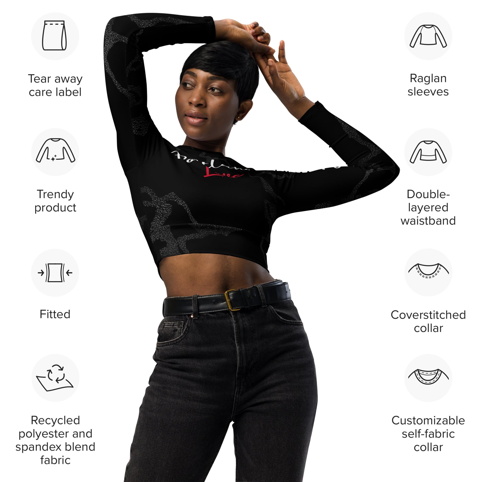 Portland Love Black Marble Recycled Long-Sleeve Crop Top image 6