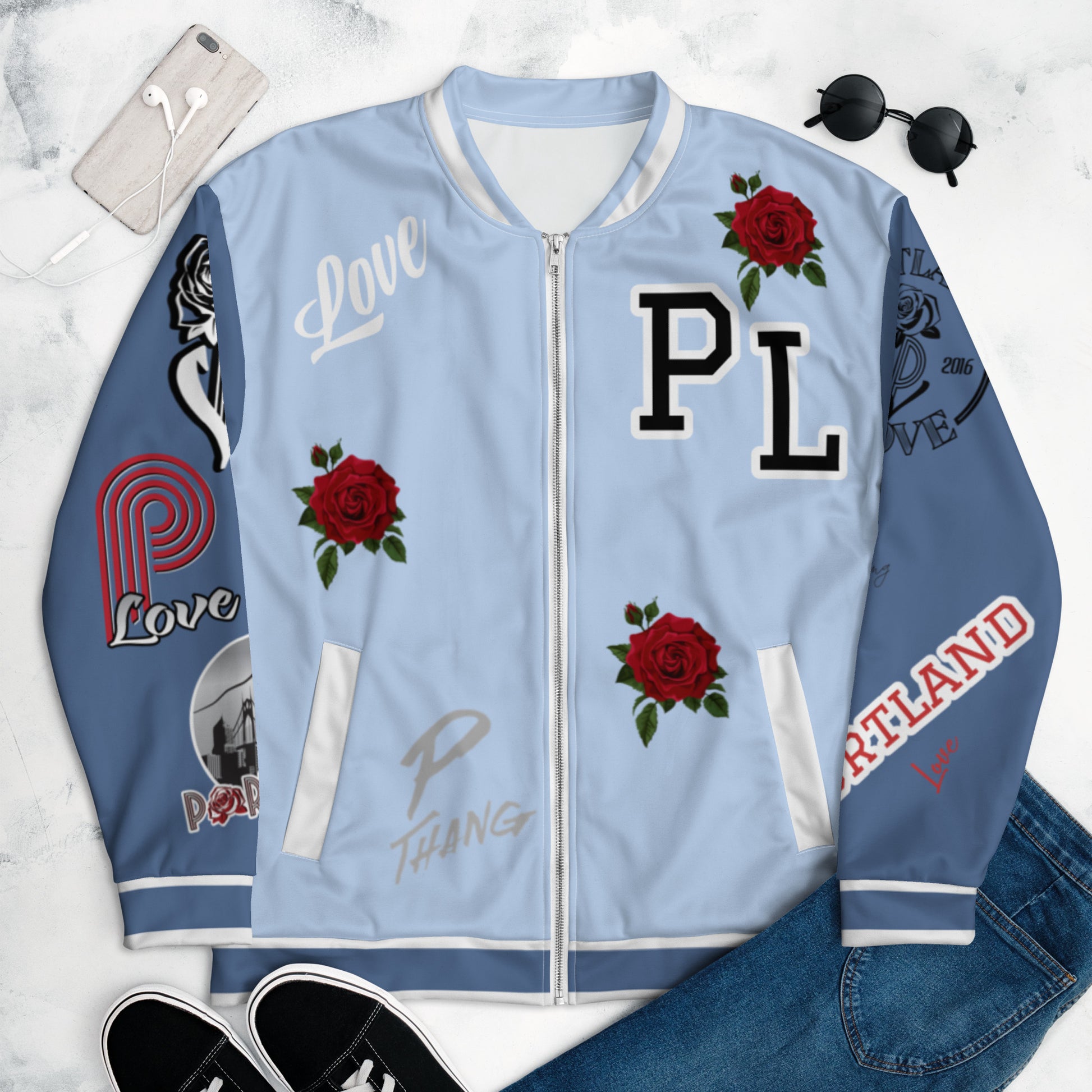 Hawkes Blue Portland Love Logo PL Rose Bomber Jacket image 8