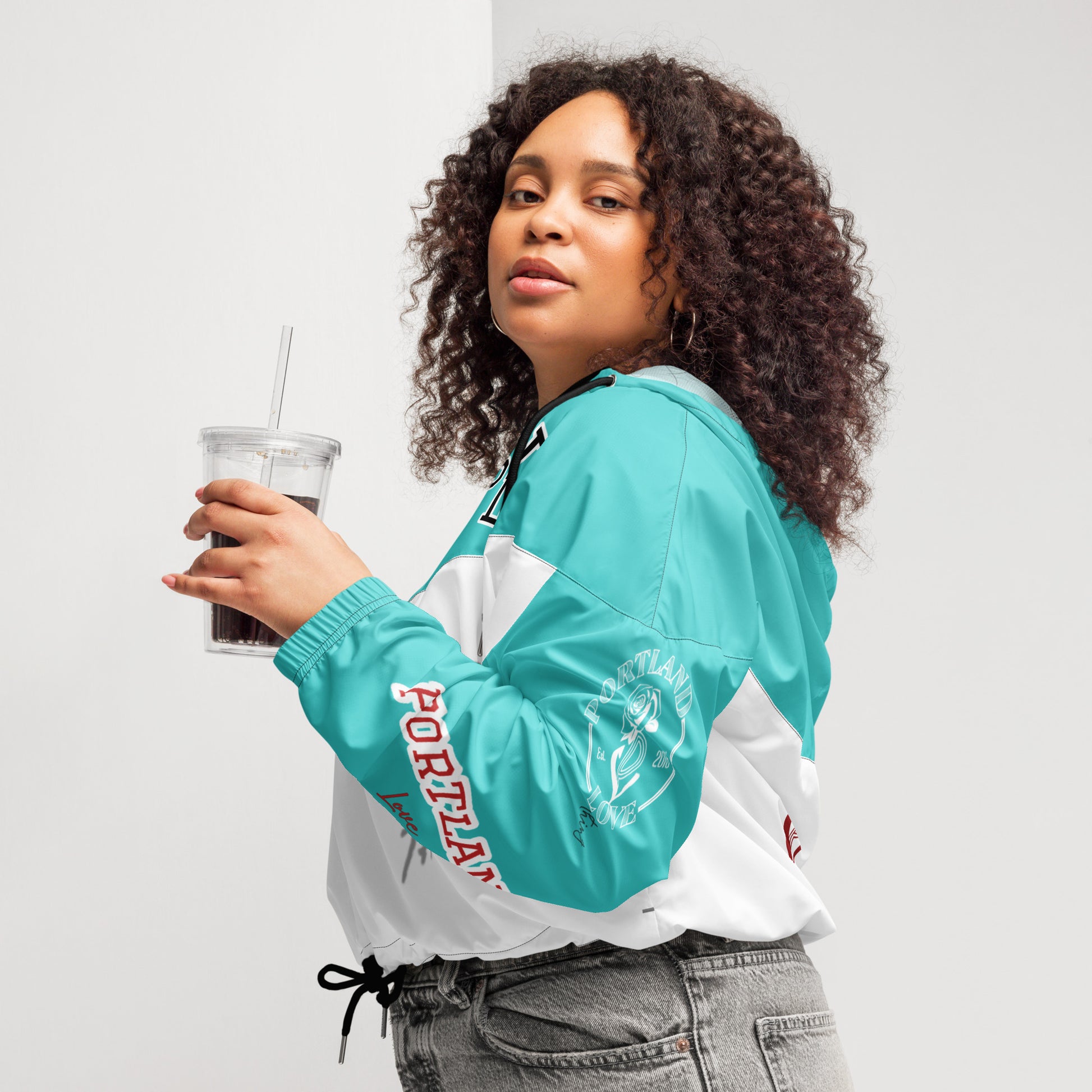 Portland Love Logos  Dark Terquioise Women’s Cropped Windbreaker image 5