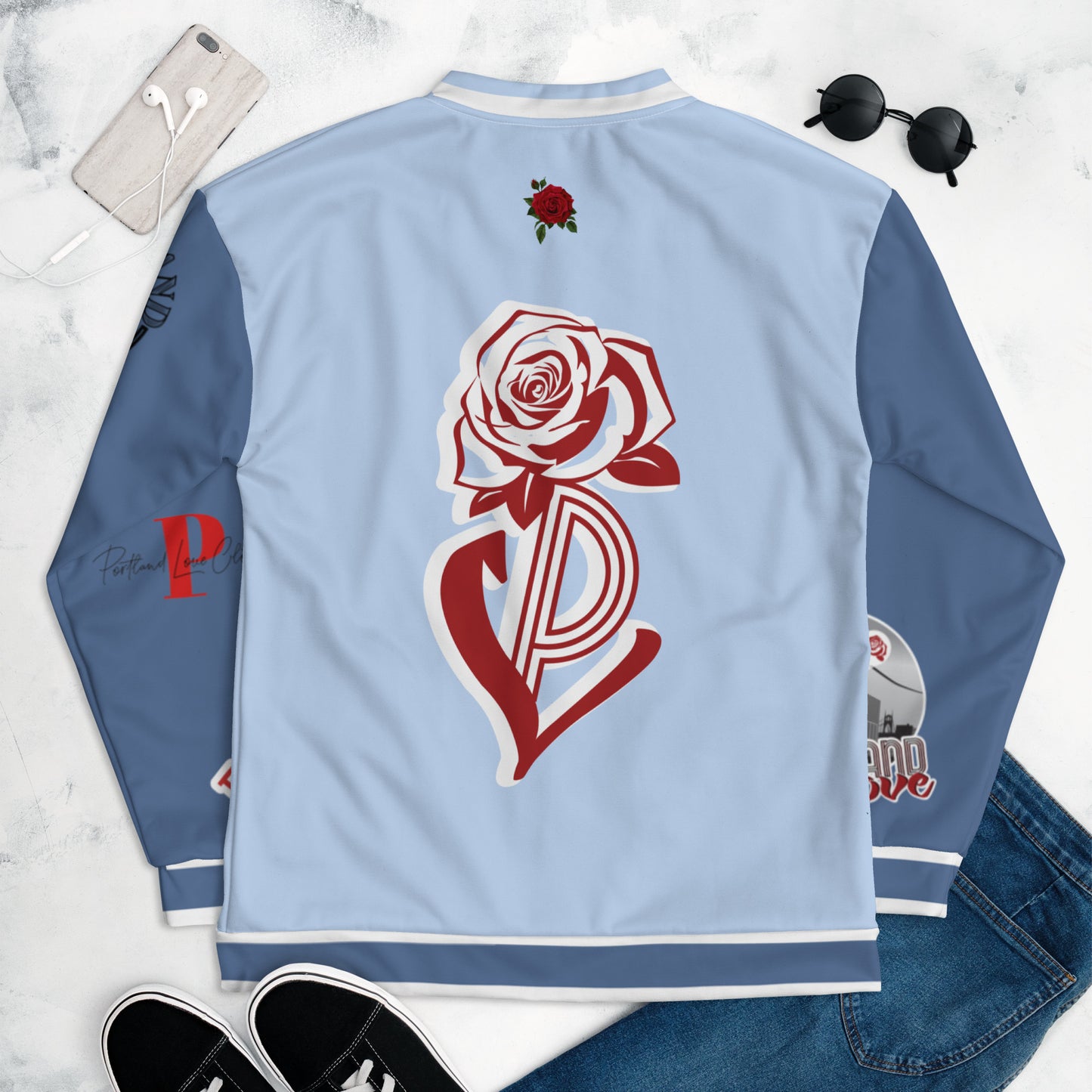 Hawkes Blue Portland Love Logo PL Rose Bomber Jacket image 9