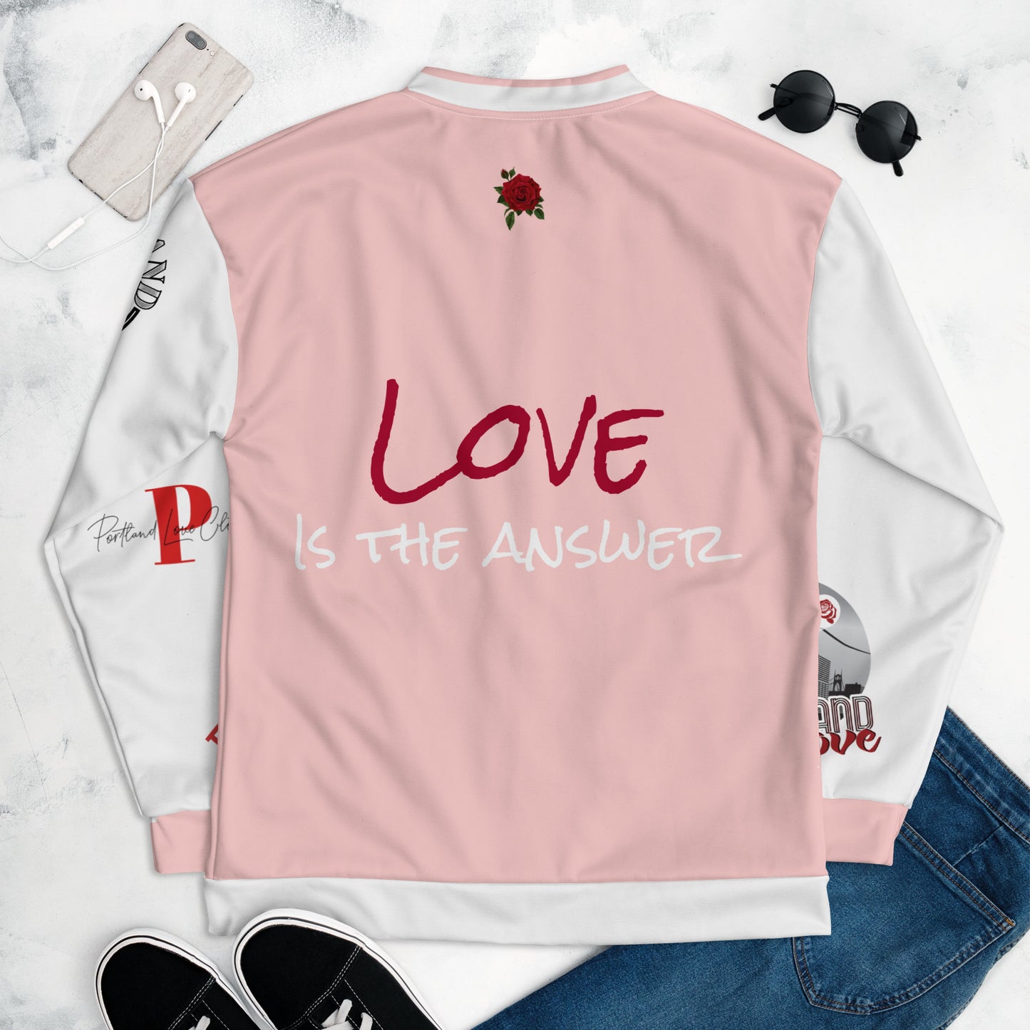 Portland Love Logo Love Is The Answer Bomber Jacket (Pink) image 8
