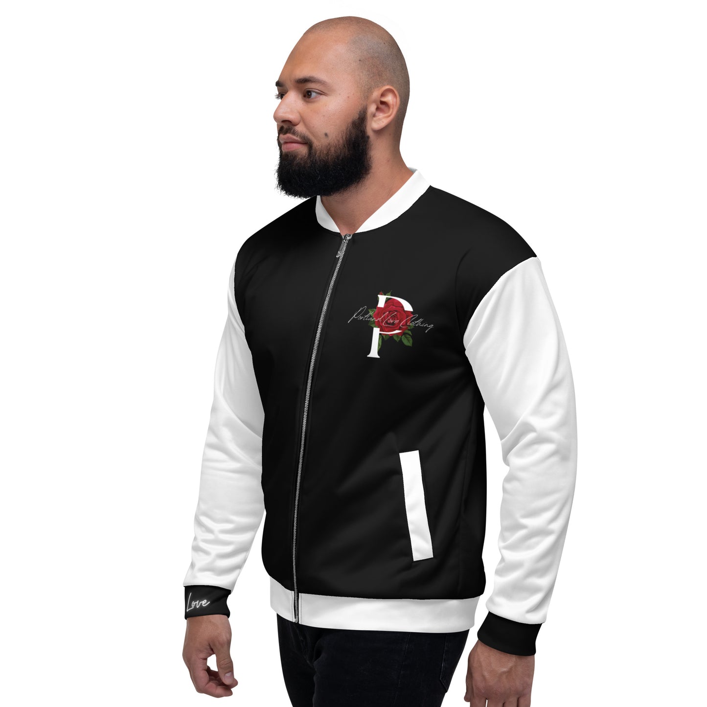 Black and White Unisex Bomber Jacket W/Rose version 2 image 7