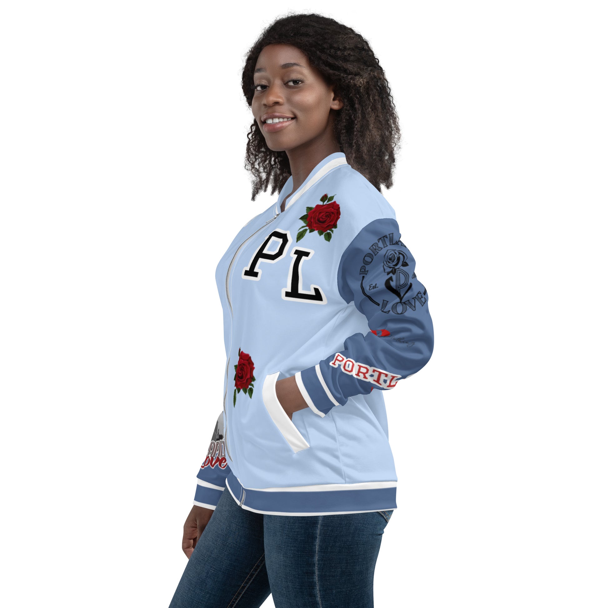 Hawkes Blue Portland Love Logo PL Rose Bomber Jacket image 7