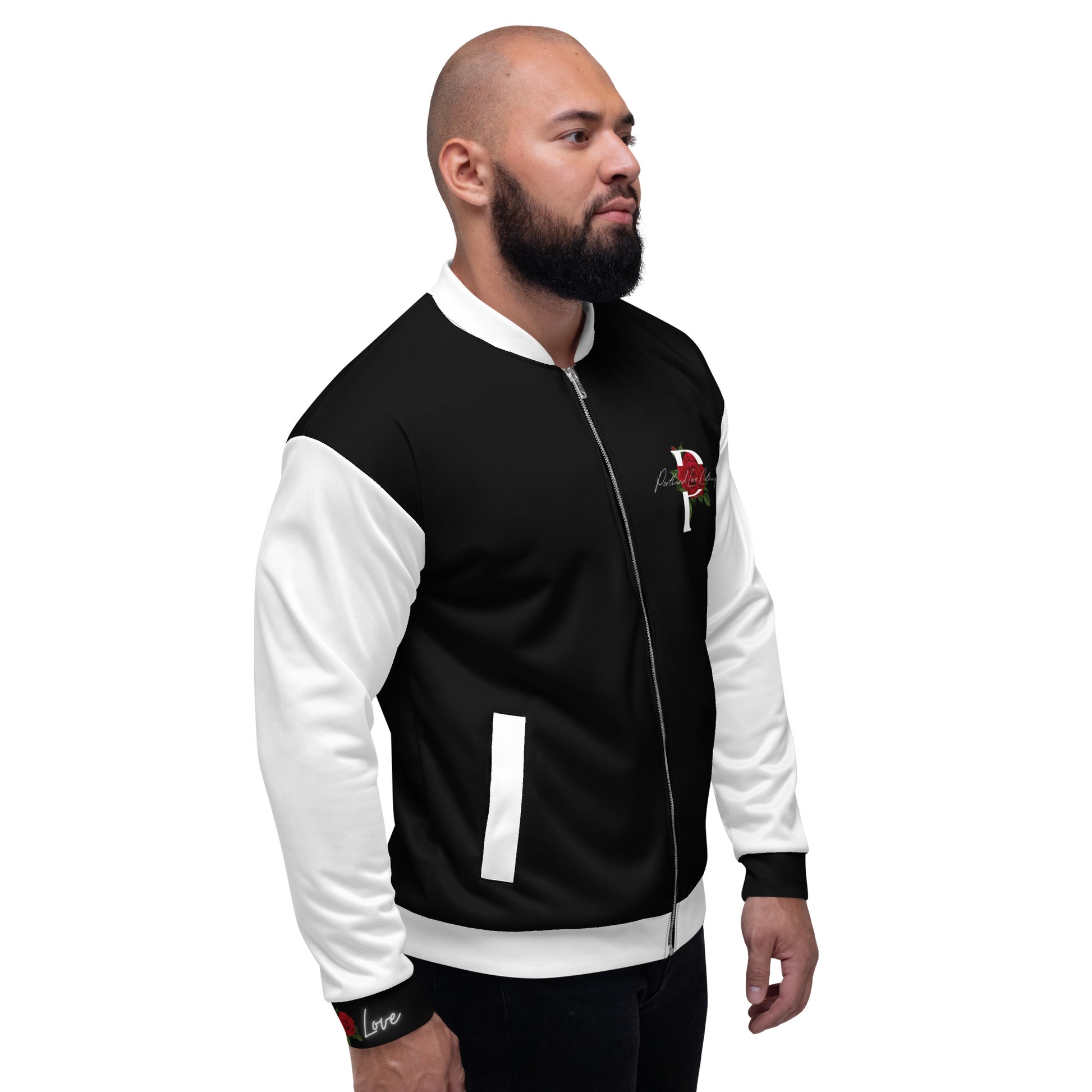 Black and White Unisex Bomber Jacket W/Rose version 2 image 6