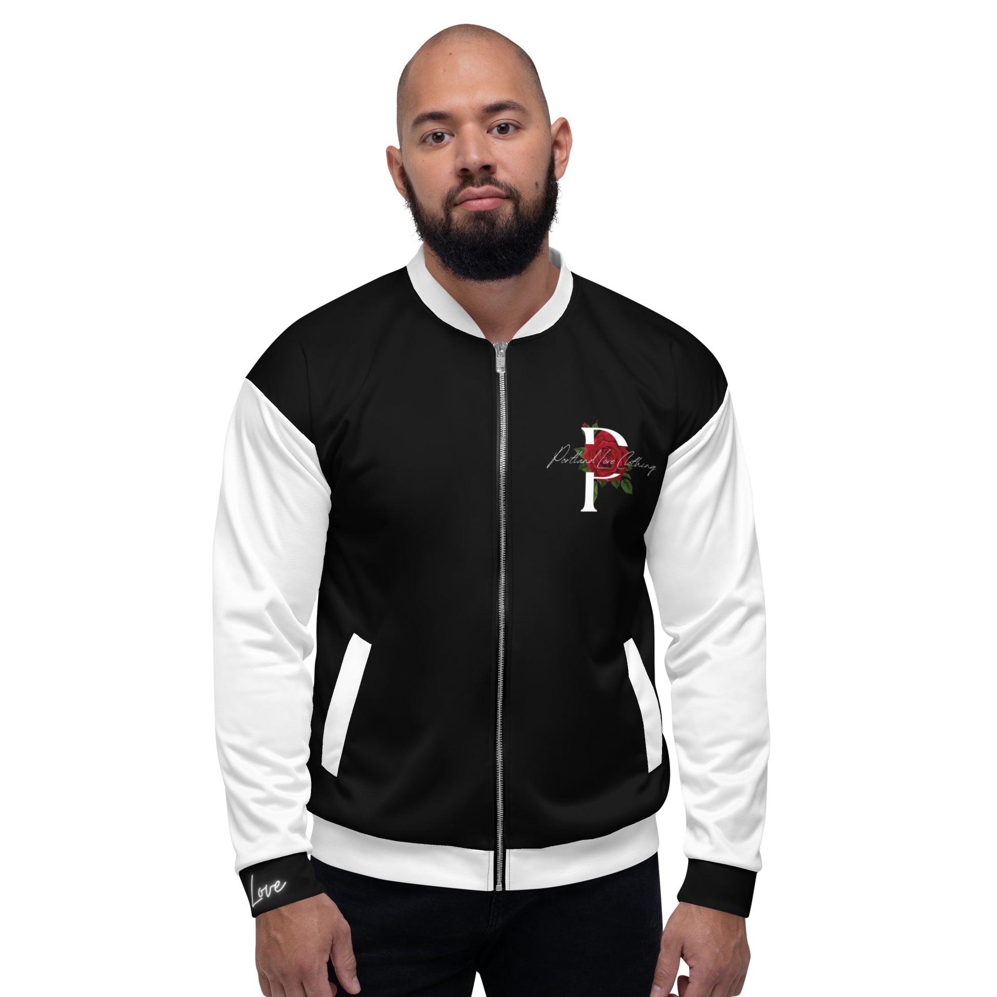 Black and White Unisex Bomber Jacket W/Rose version 2 image 4