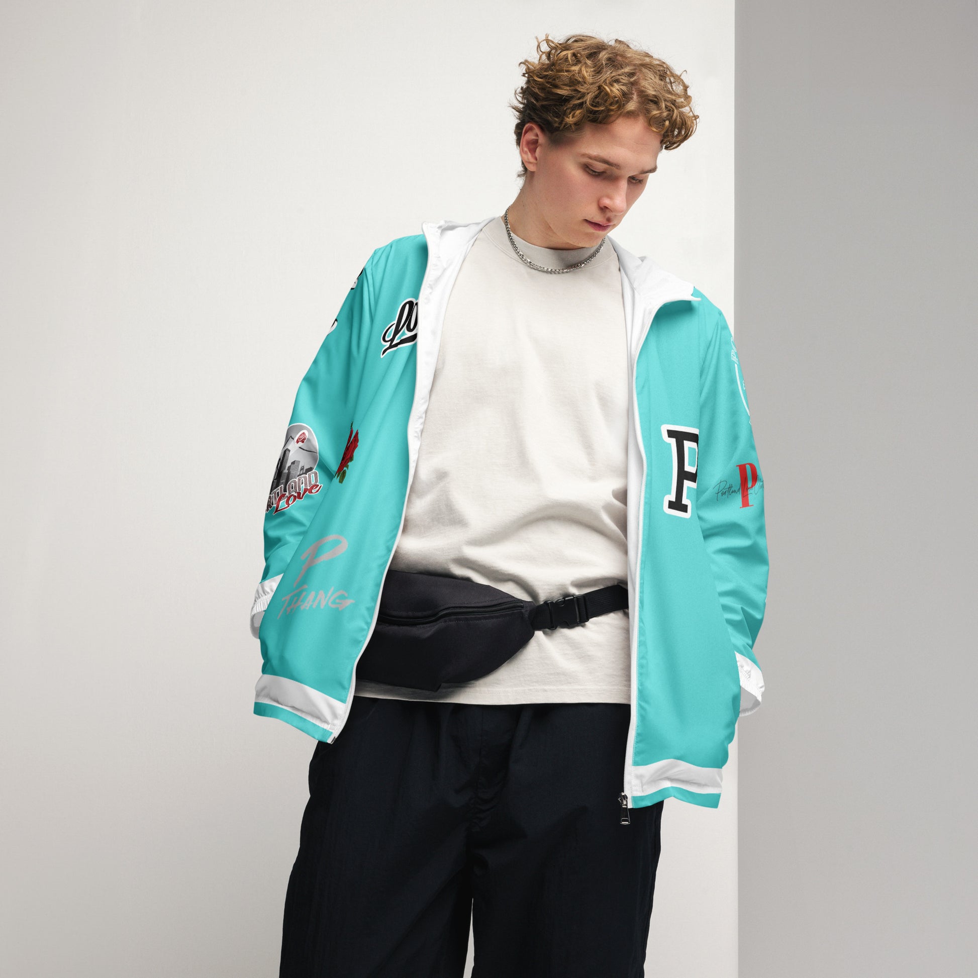 Portland Love Logos Dark Turquoise Men’s Windbreaker image 12