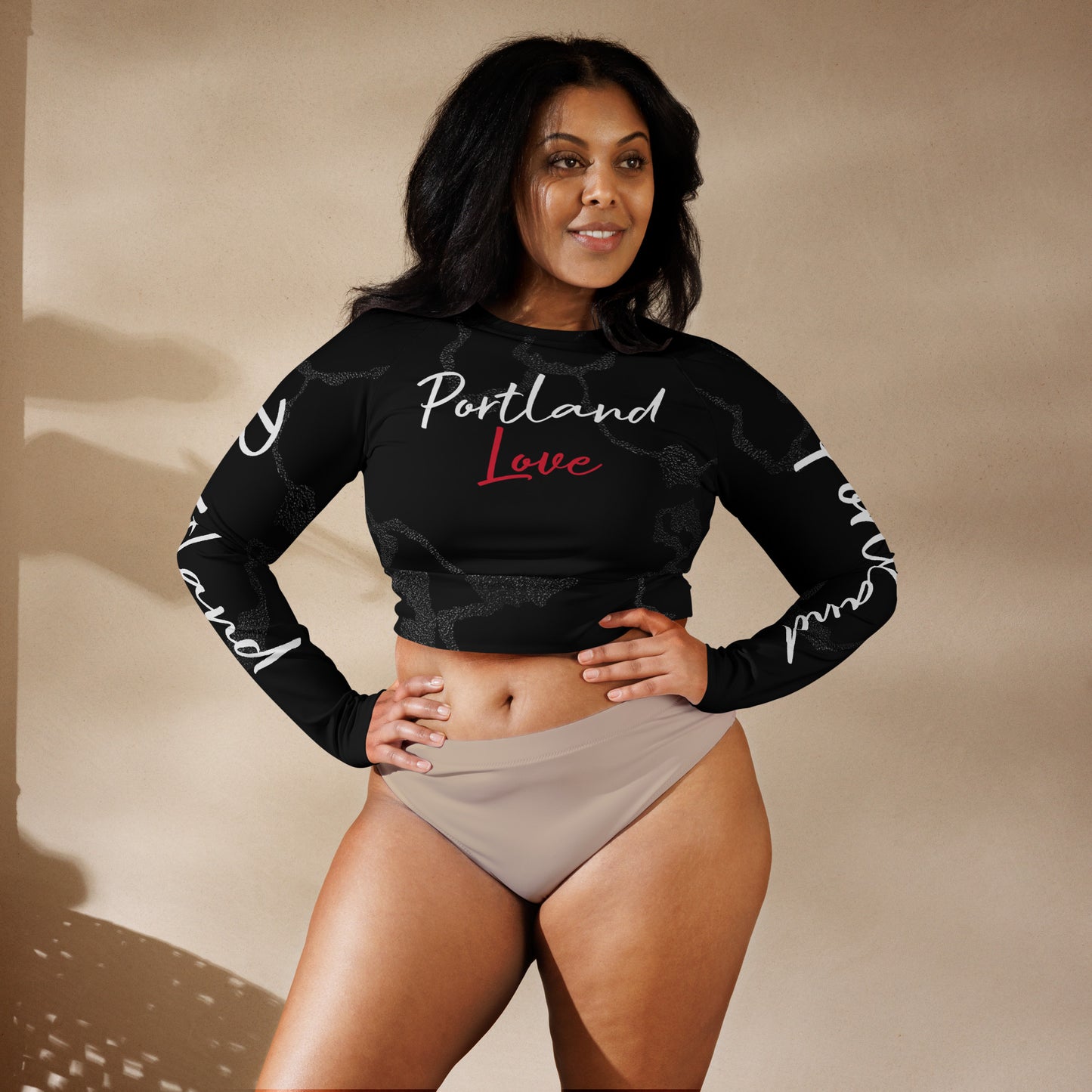 Portland Love Black Marble Recycled Long-Sleeve Crop Top image 3