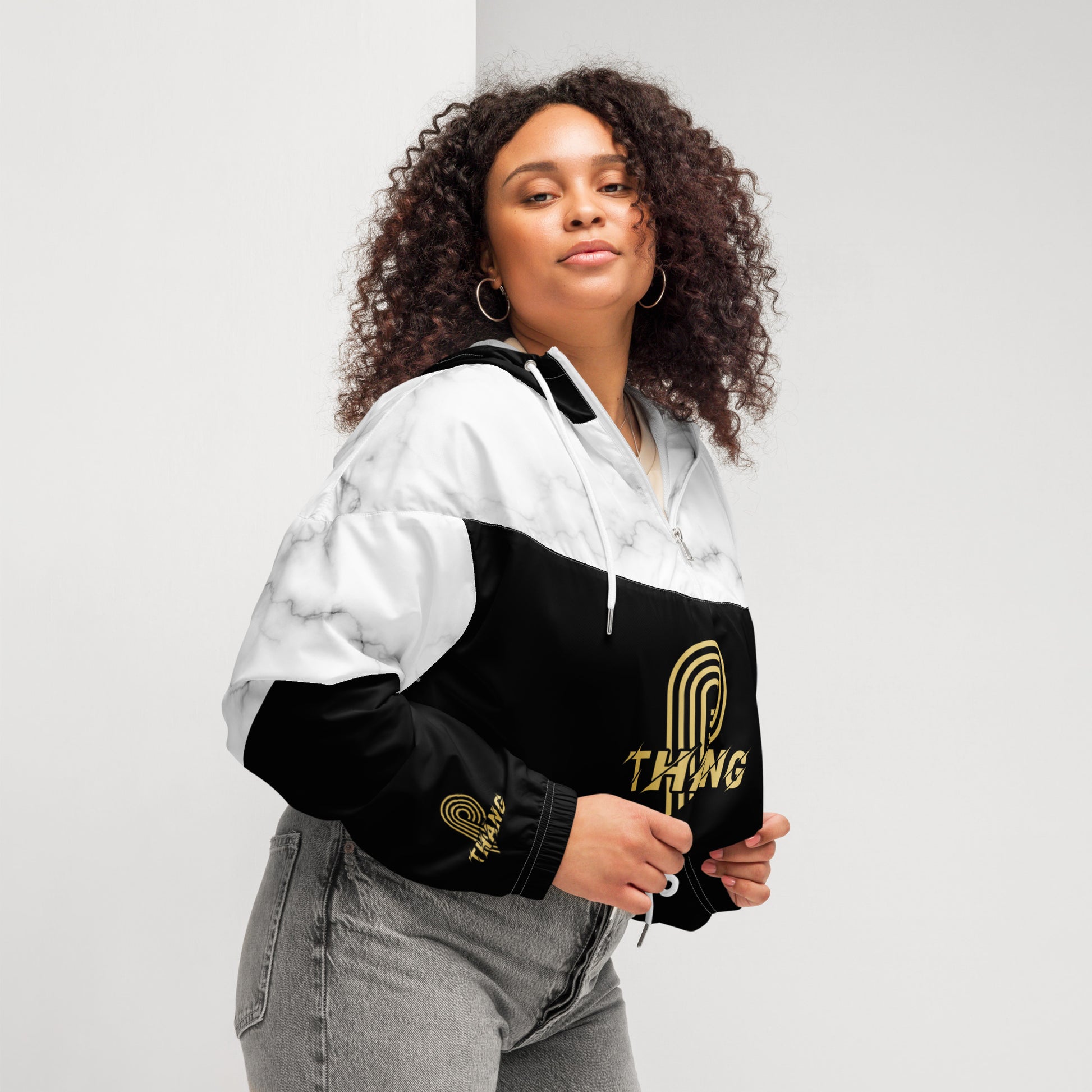 P-Thang White Marble Women’s Cropped Windbreaker image 7