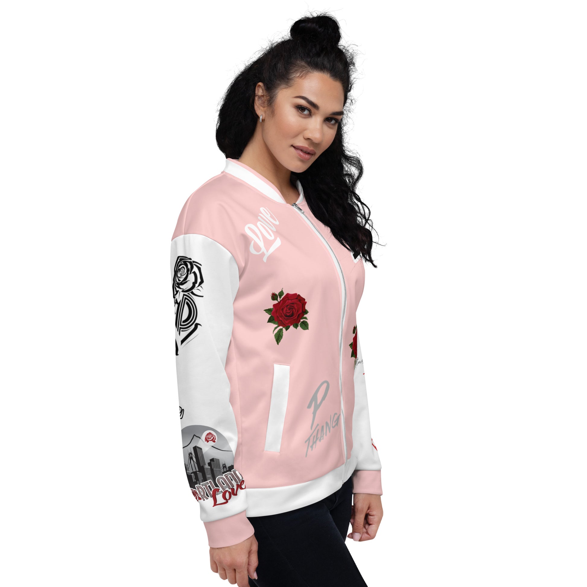Portland Love Logo Love Is The Answer Bomber Jacket (Pink) image 2