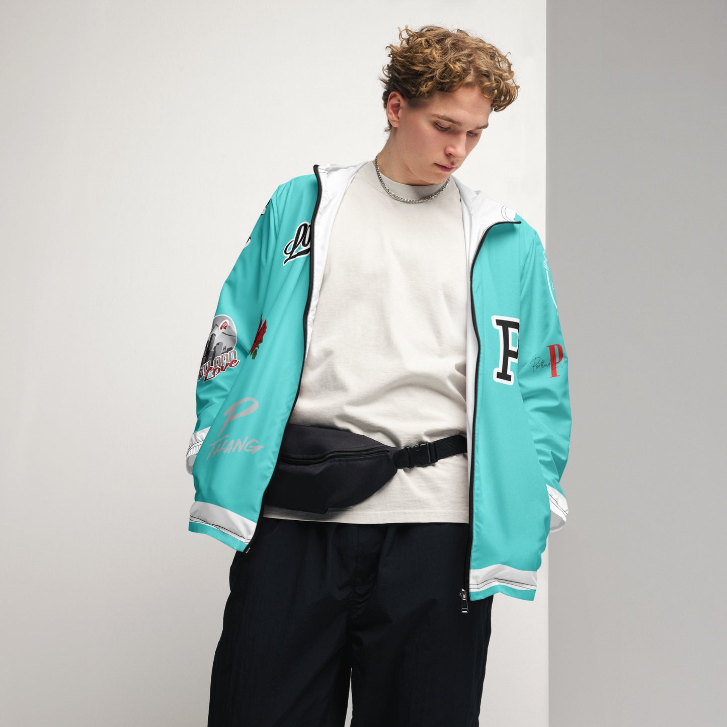 Portland Love Logos Dark Turquoise Men’s Windbreaker image 8