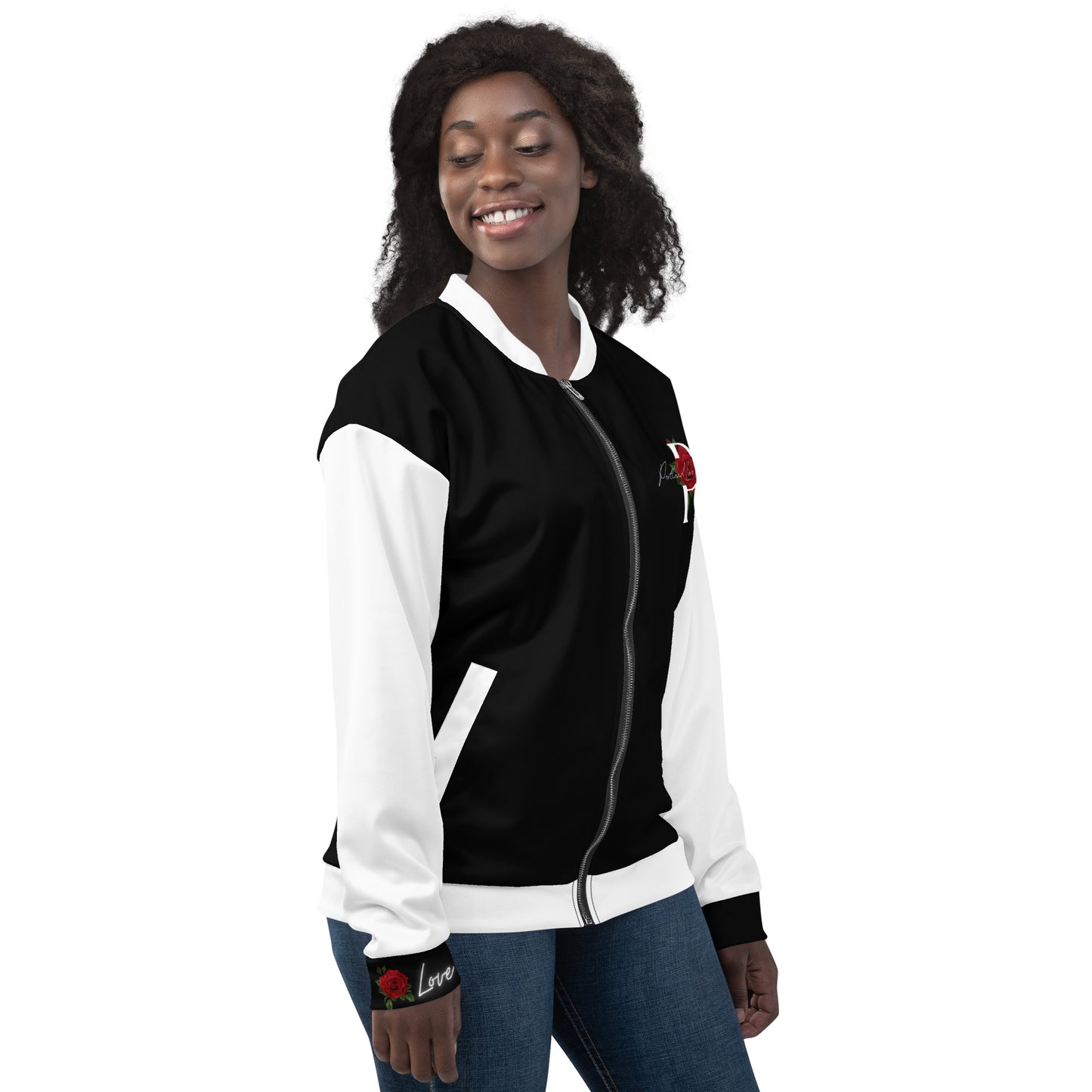 Black and White Unisex Bomber Jacket W/Rose version 2 image 2
