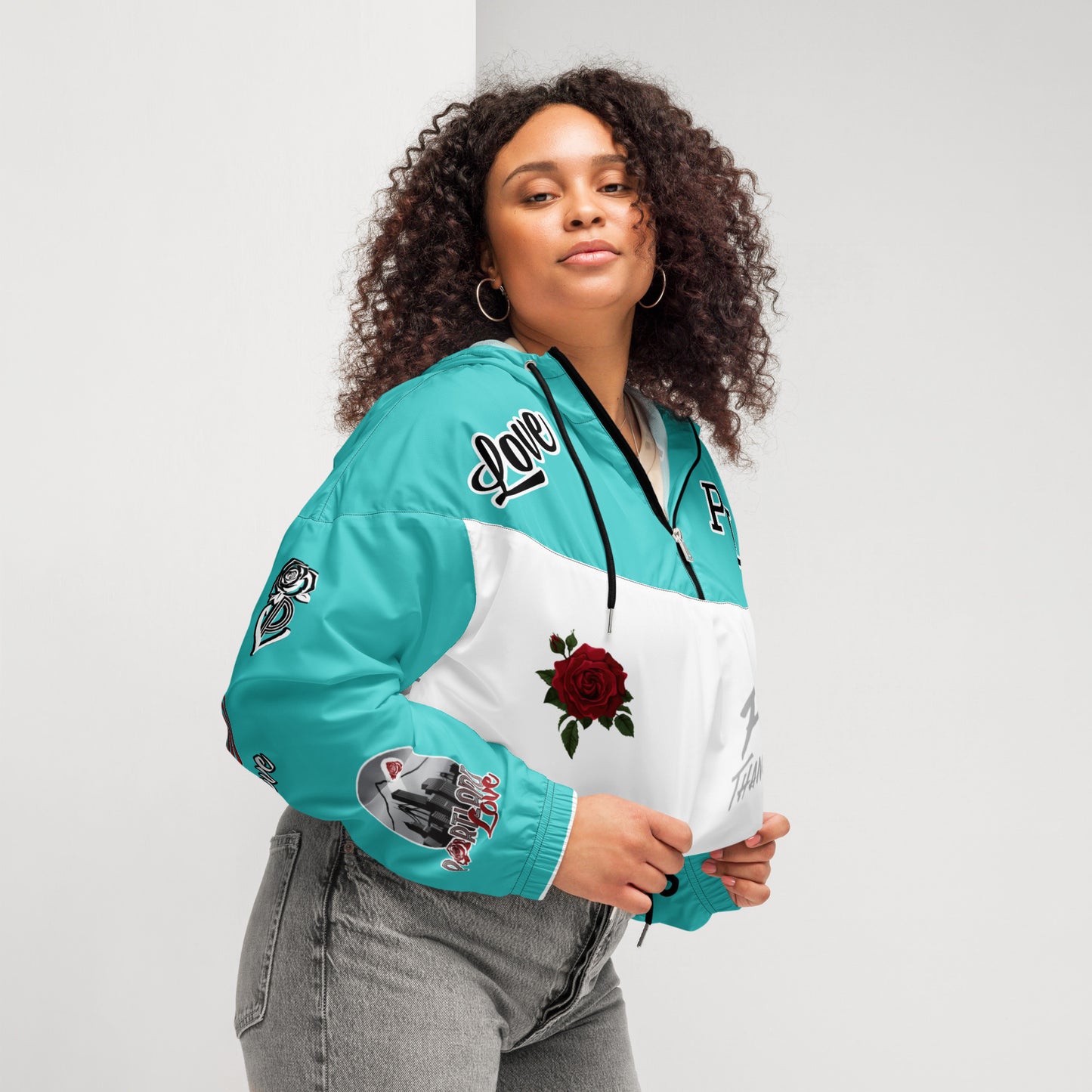 Portland Love Logos  Dark Terquioise Women’s Cropped Windbreaker image 3