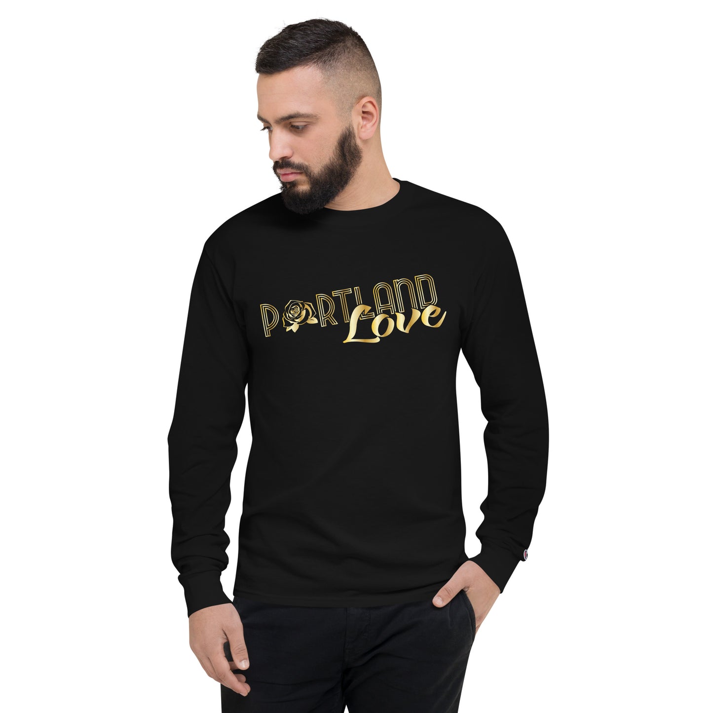 Portland Love Gold Print Men's Champion Long Sleeve Shirt image 0