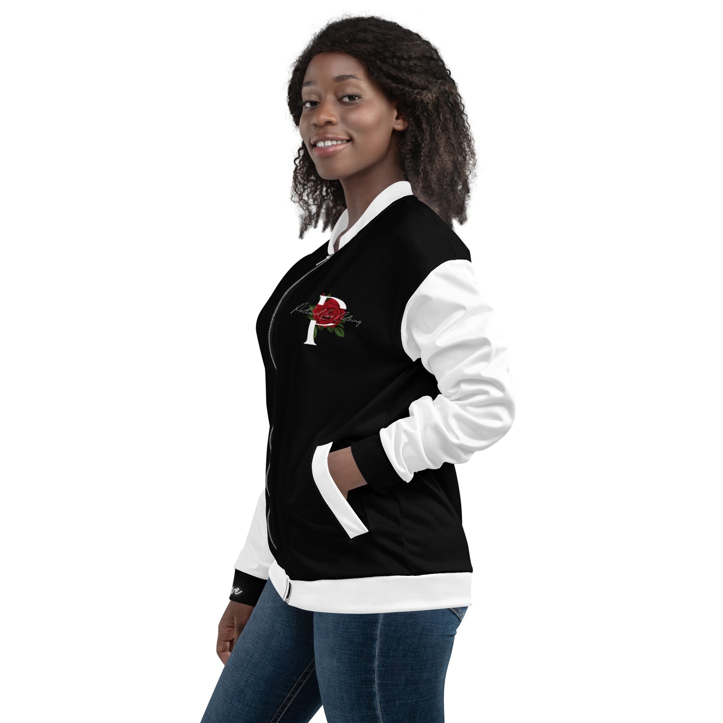Black and White Unisex Bomber Jacket W/Rose version 2 image 3