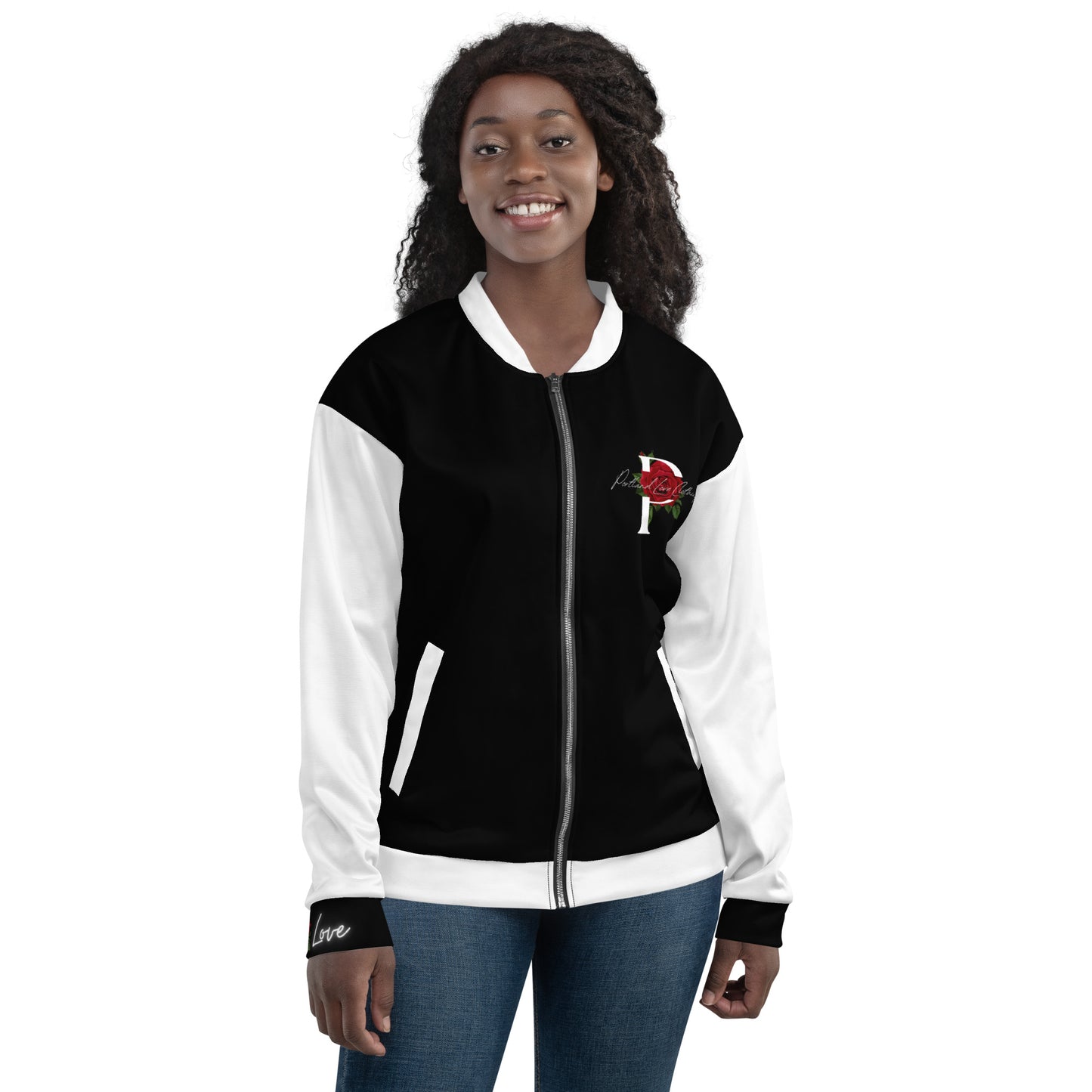 Black and White Unisex Bomber Jacket W/Rose version 2 image 0