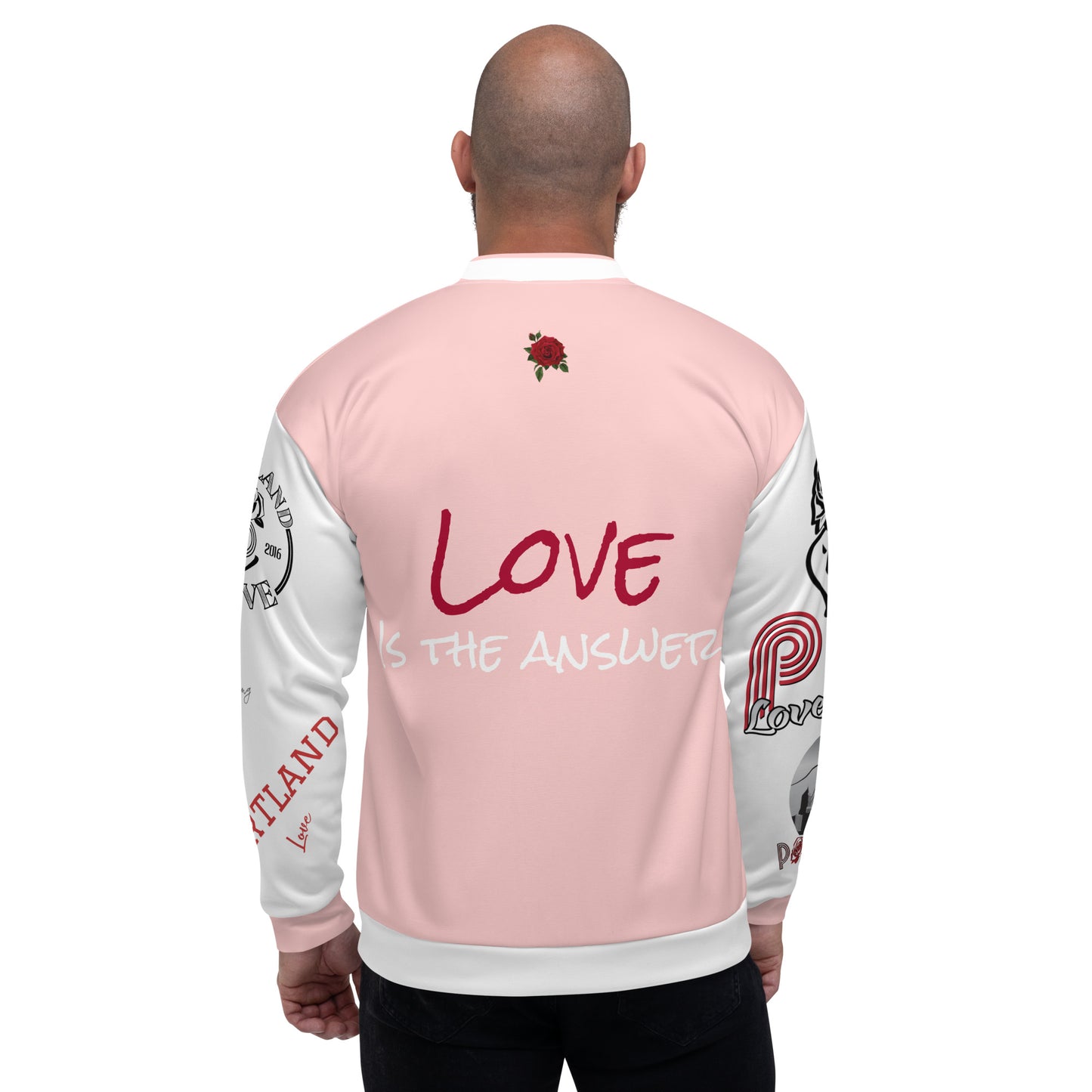 Portland Love Logo Love Is The Answer Bomber Jacket (Pink) image 7