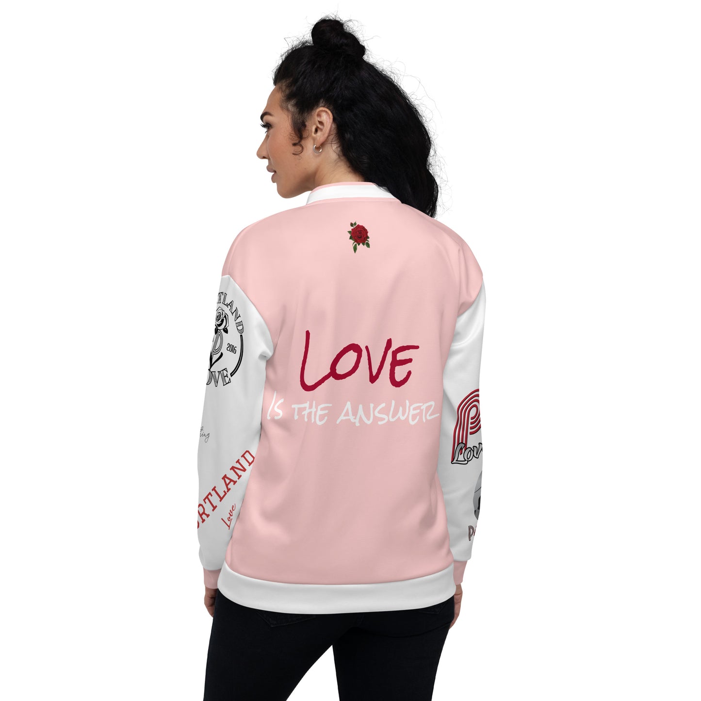 Portland Love Logo Love Is The Answer Bomber Jacket (Pink) image 1