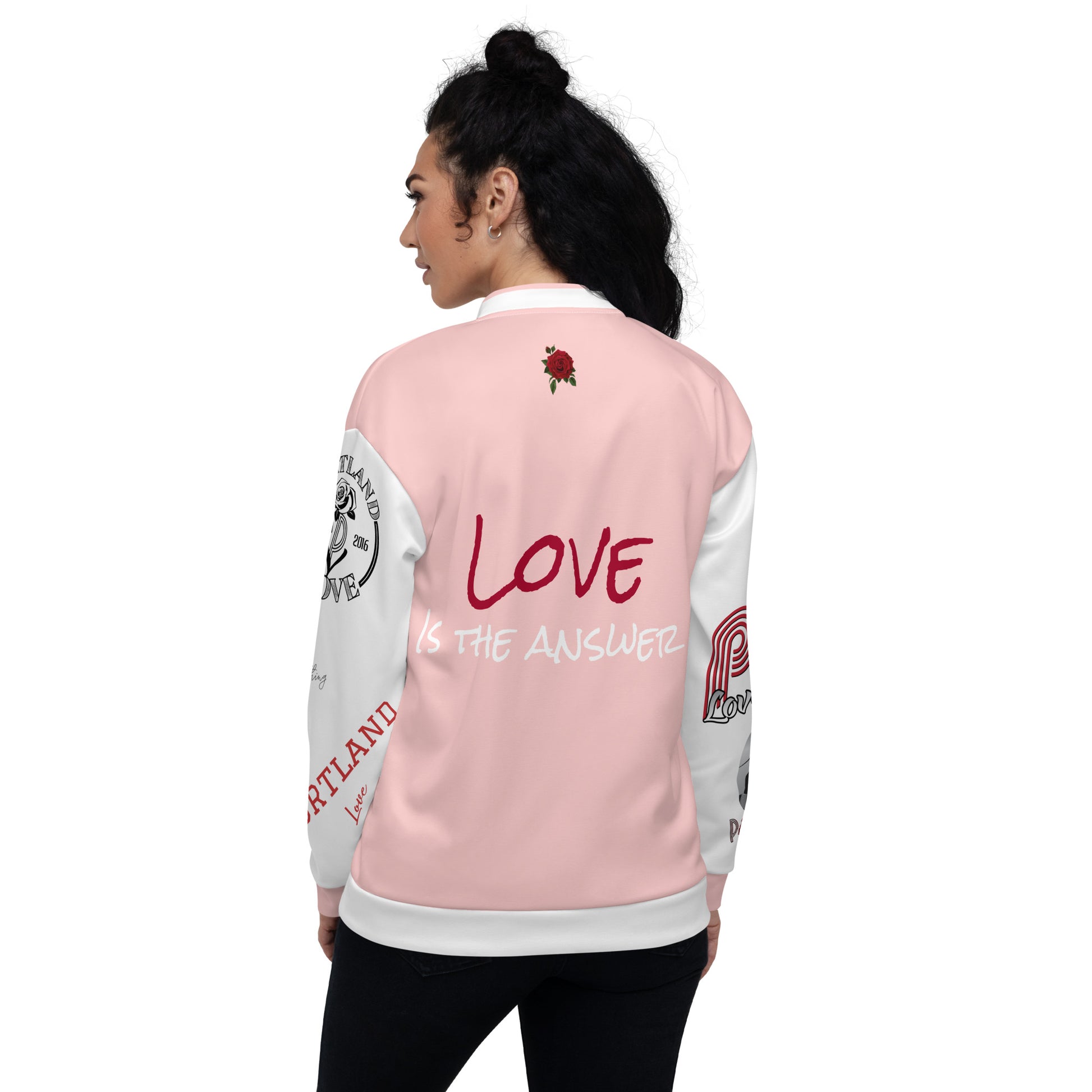Portland Love Logo Love Is The Answer Bomber Jacket (Pink) image 1