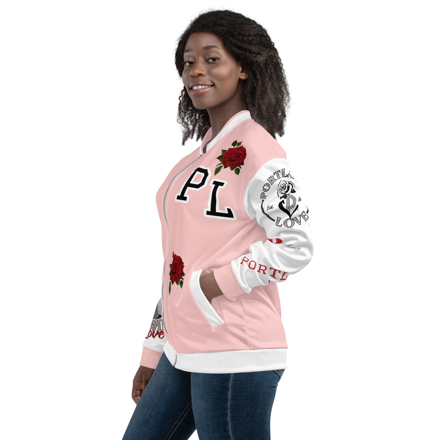 Portland Love Logo Love Is The Answer Bomber Jacket (Pink) image 4