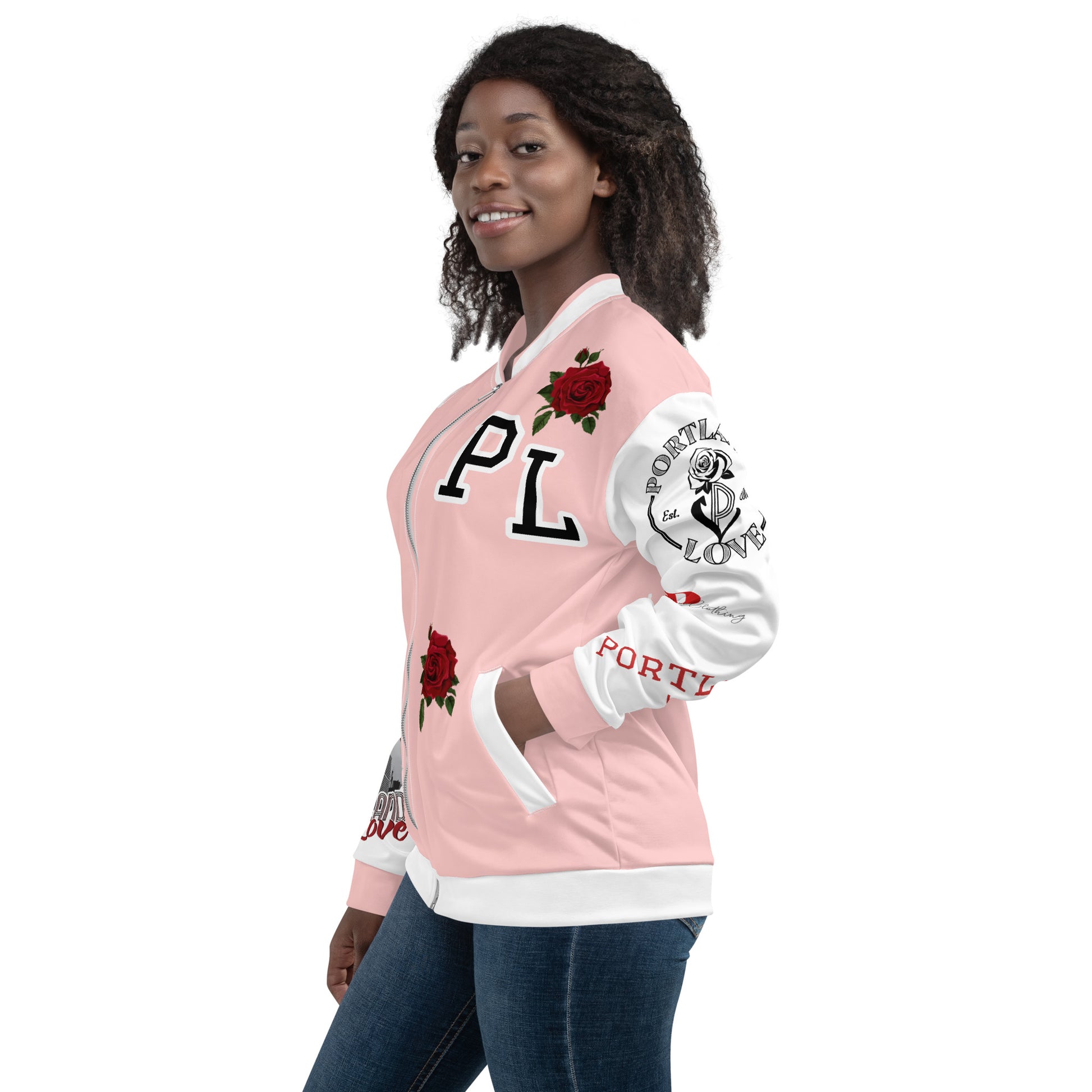 Portland Love Logo Love Is The Answer Bomber Jacket (Pink) image 4