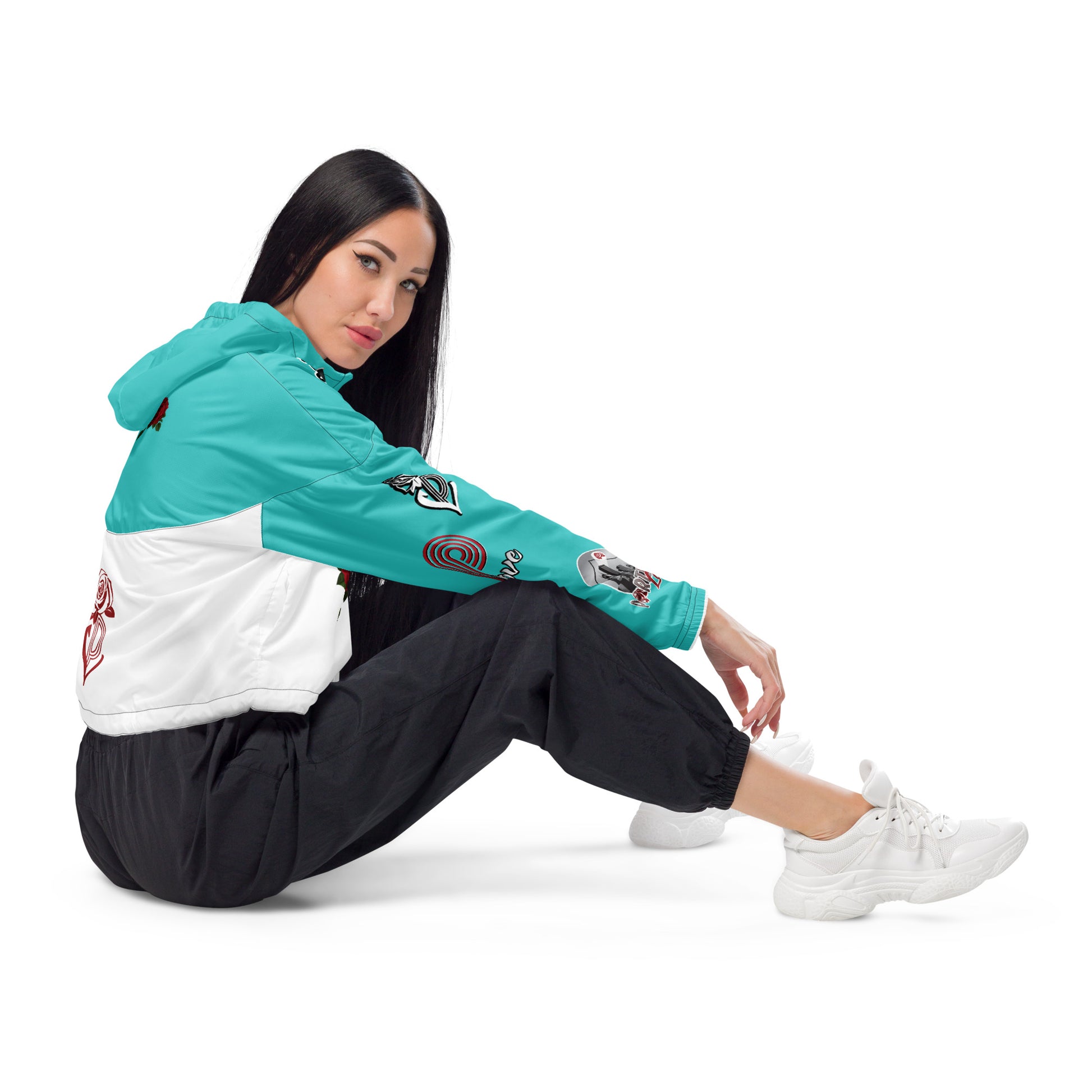 Portland Love Logos  Dark Terquioise Women’s Cropped Windbreaker image 2