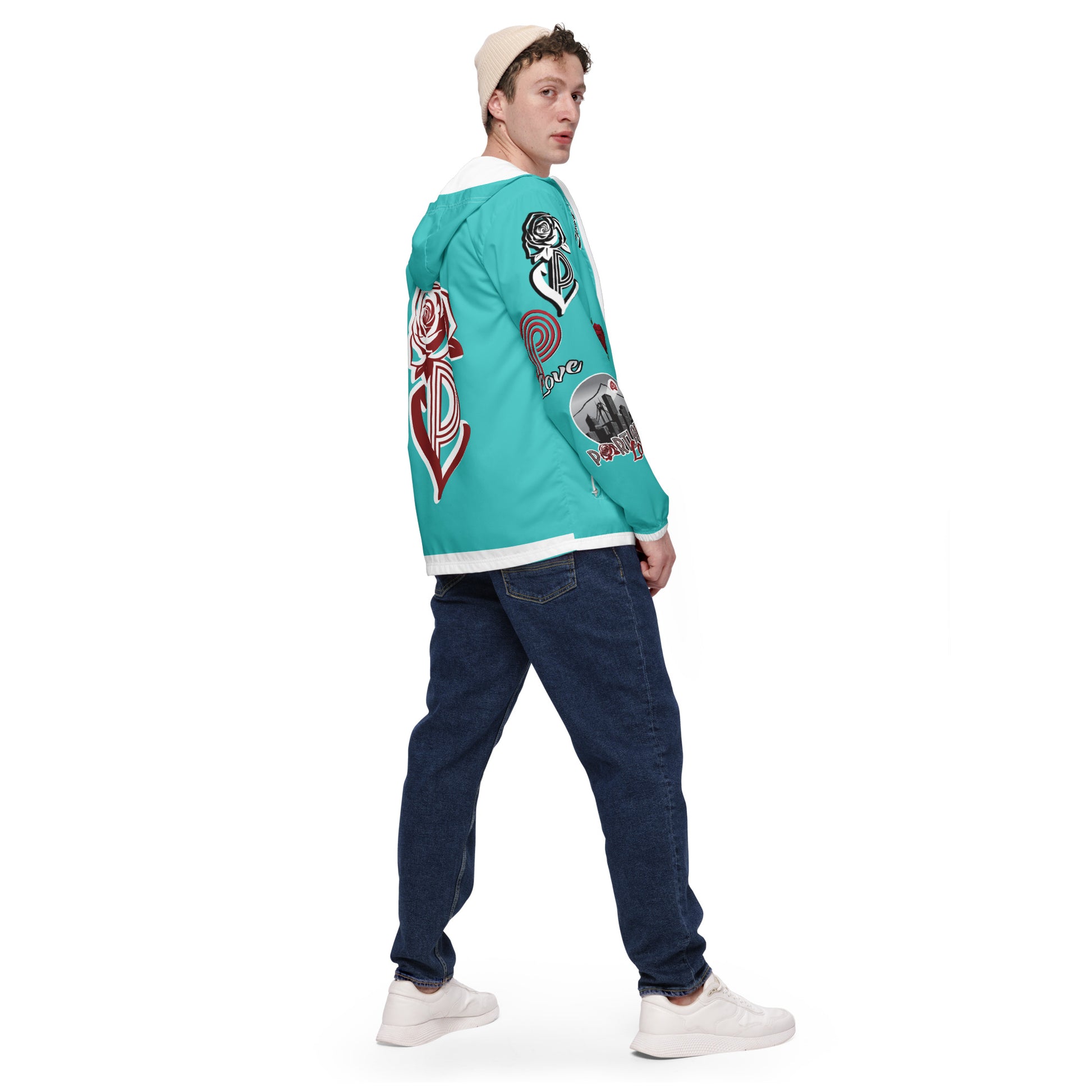 Portland Love Logos Dark Turquoise Men’s Windbreaker image 4