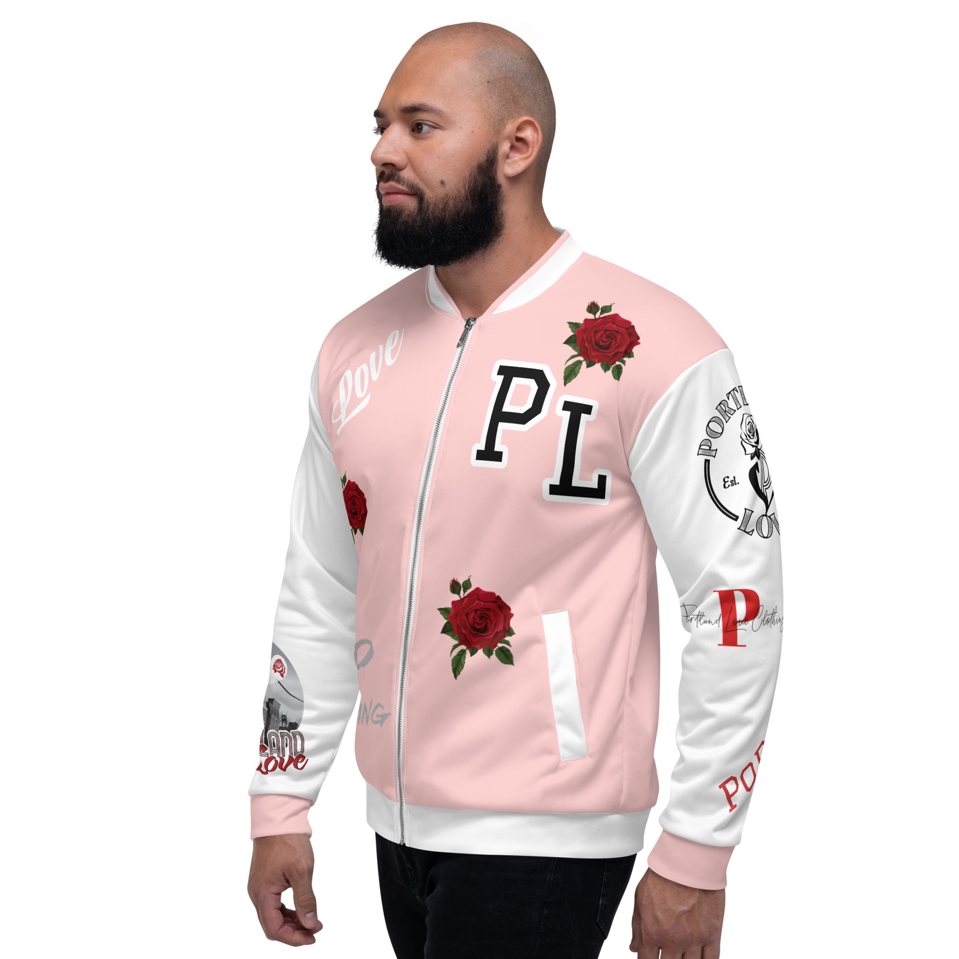Portland Love Logo Love Is The Answer Bomber Jacket (Pink) image 5