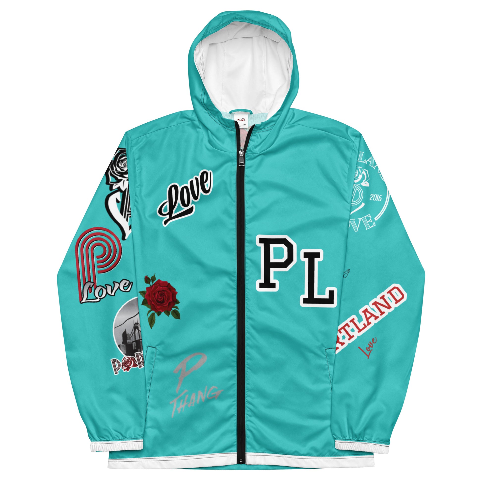 Portland Love Logos Dark Turquoise Men’s Windbreaker image 5
