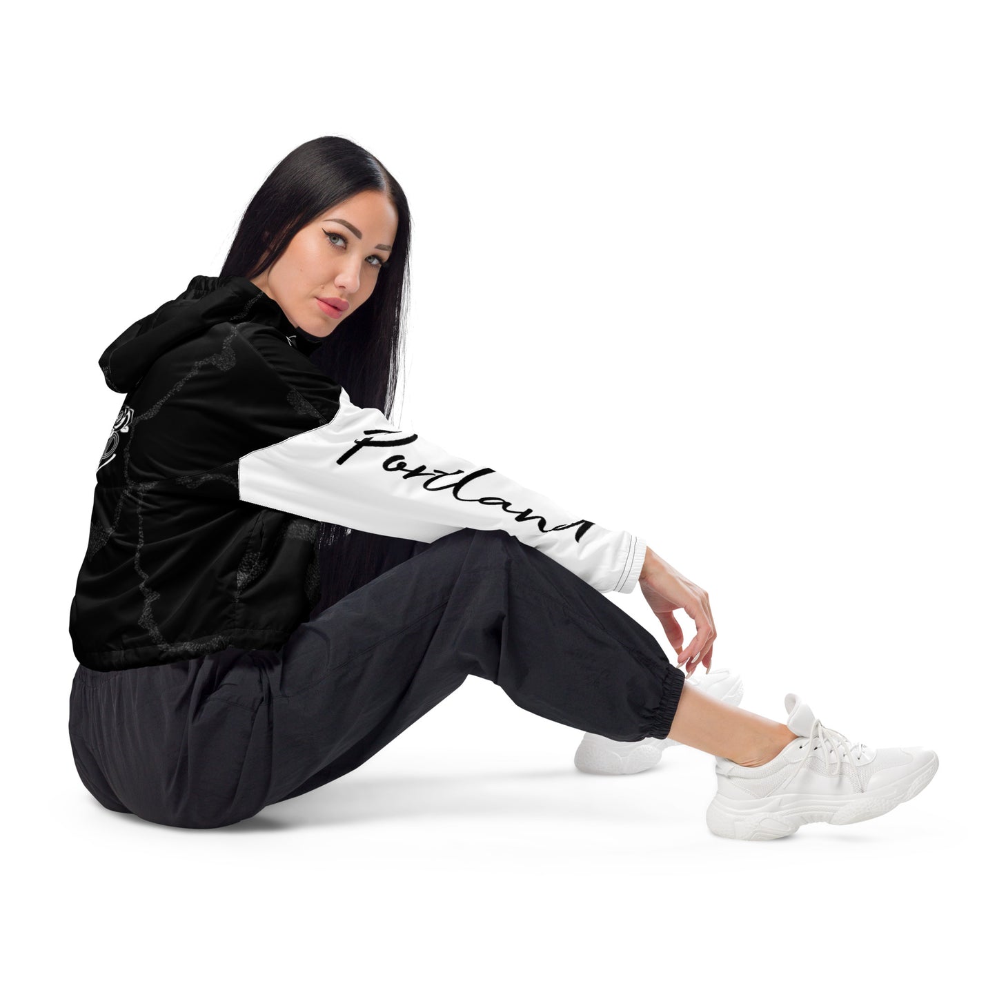 Portland Love Black Marble Women’s Cropped Windbreaker image 2