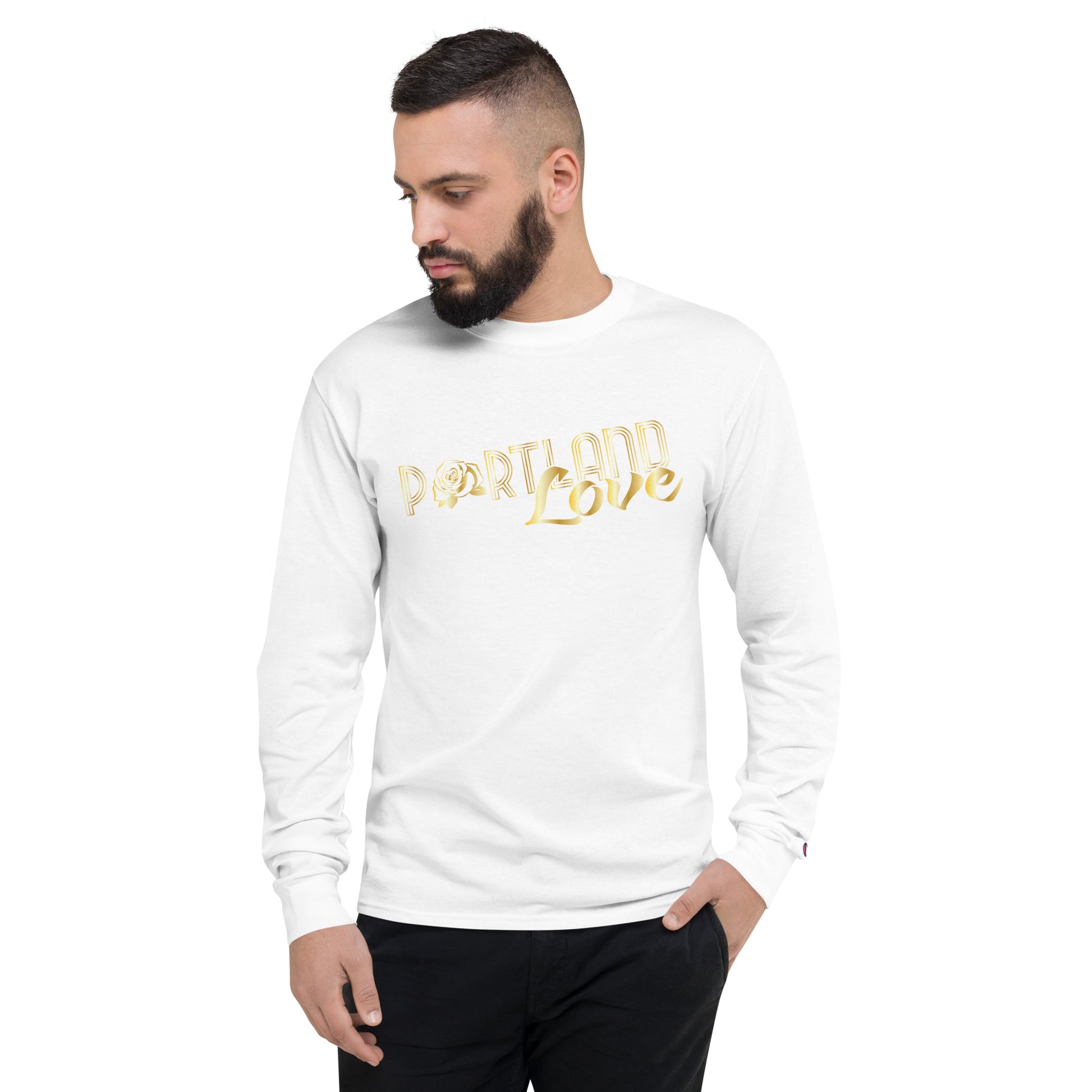 Portland Love Gold Print Men's Champion Long Sleeve Shirt image 5