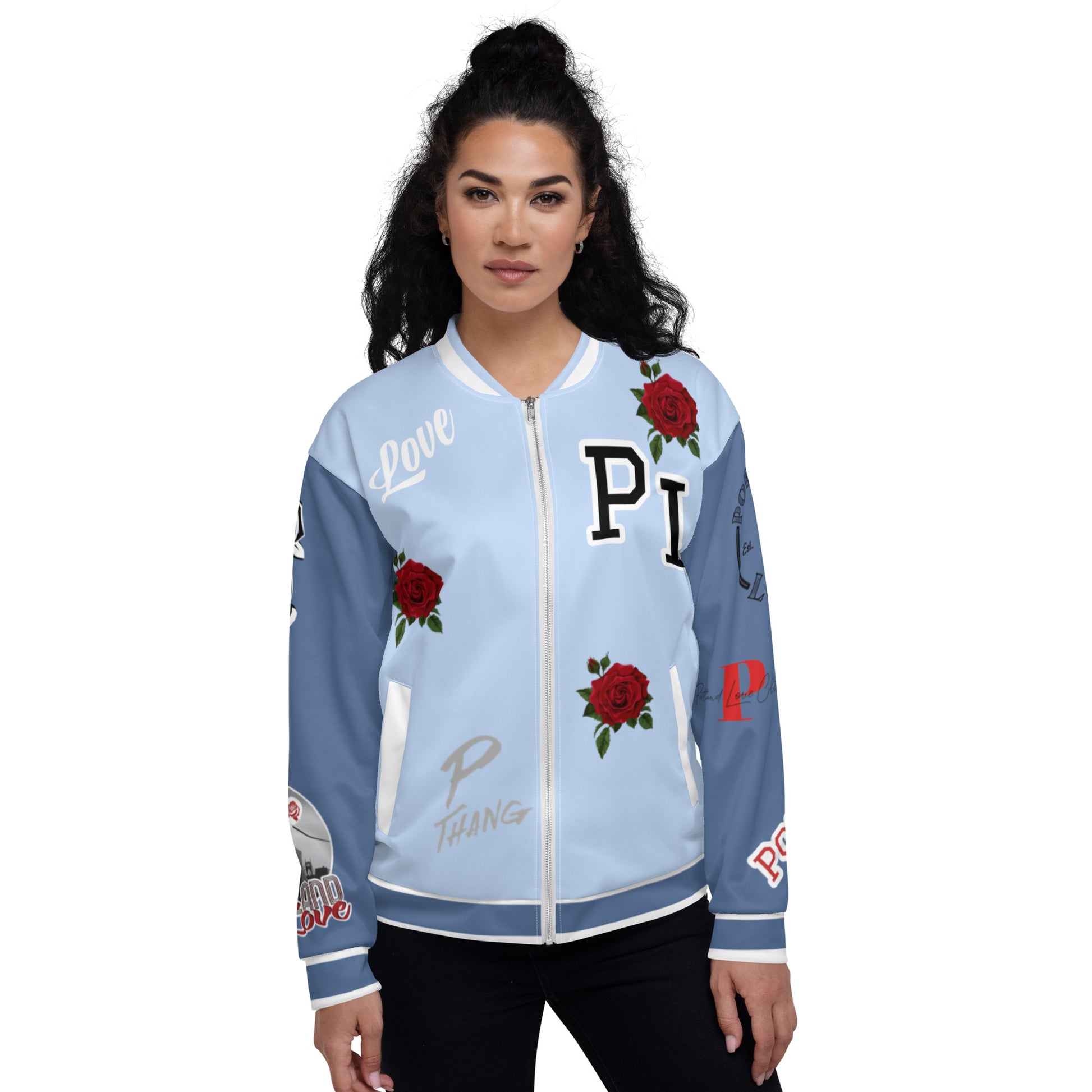 Hawkes Blue Portland Love Logo PL Rose Bomber Jacket image 4